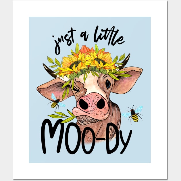 Moody Heifer With Sunflowers Wall Art by Designs by Ira